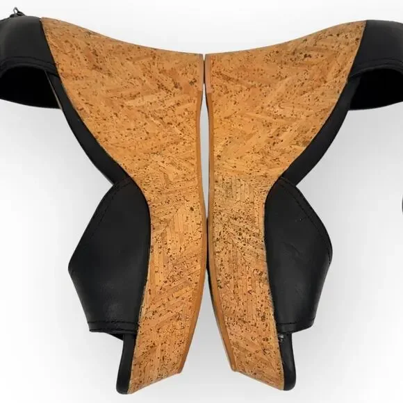 Ugg Black Leather Beaded Ankle Strap Cork Platform Wedge Sandals 8.5 Breathable - Picture 5 of 16